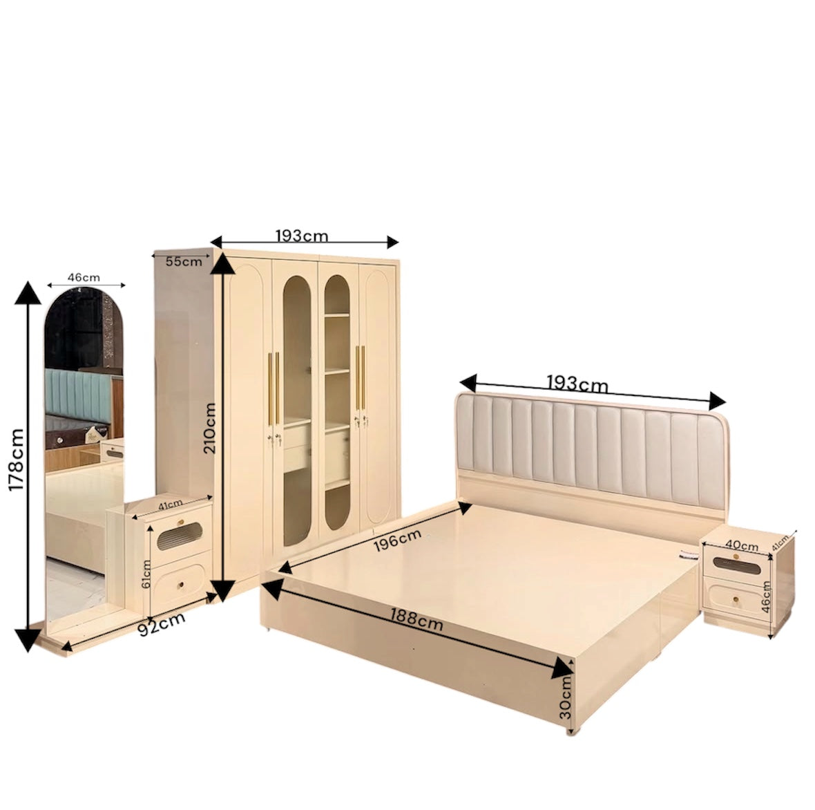 HIYORA PREMIUM 4-DOOR QUEEN SIZE BEDROOM SET | HDF | IVORY