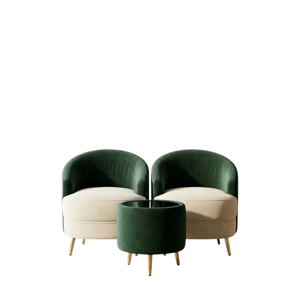 RIO DUAL 1+1 WITH TEAPOY ARM CHAIR SET| COLOUR GREEN AND WHITE VELVET FABRIC WITH ACACIA WOOD -