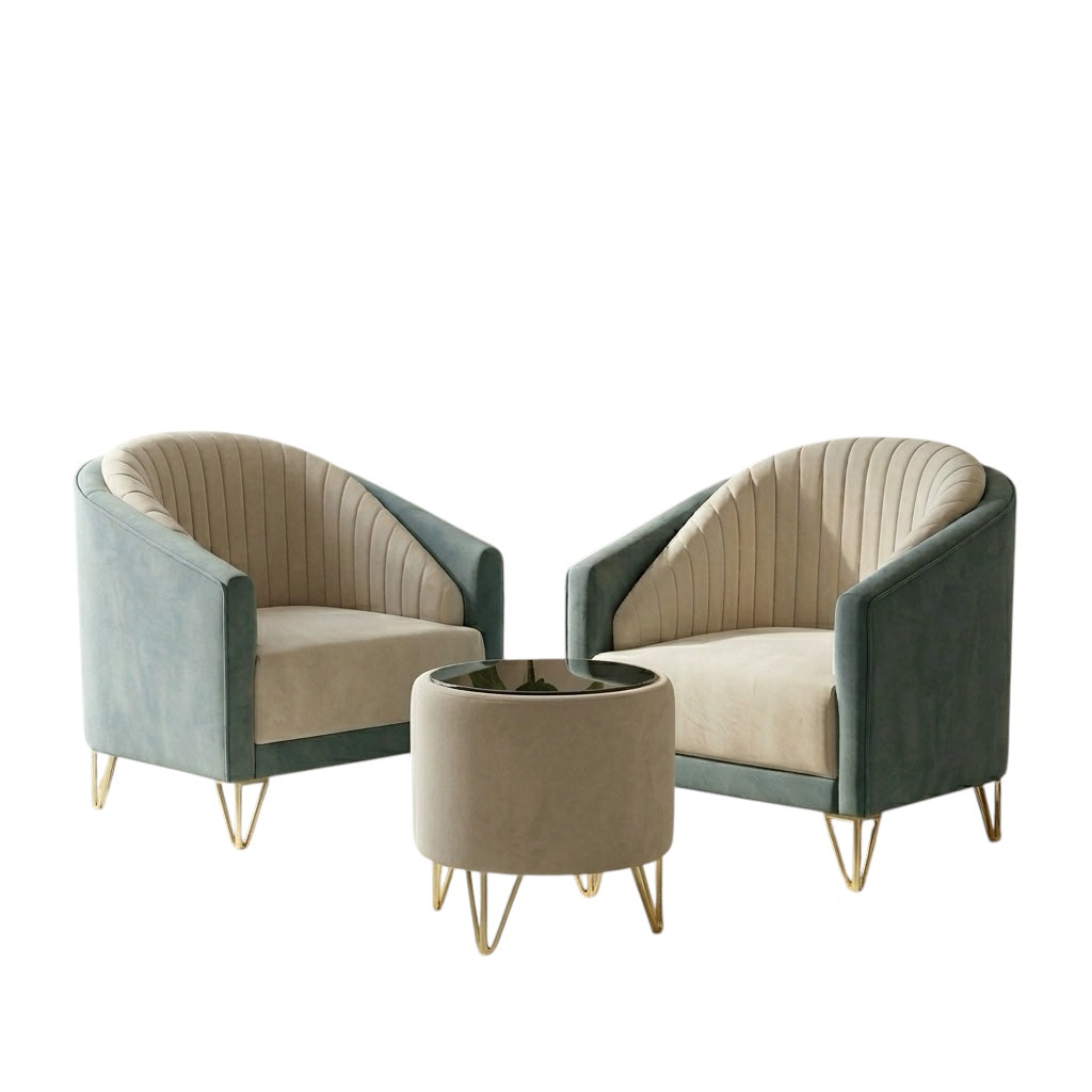 DUAL TEMPLATE 1+1 ARM CHAIR SET WITH TEAPOY | VELVET FABRIC & ACACIA WOOD | WHITE & BLUE