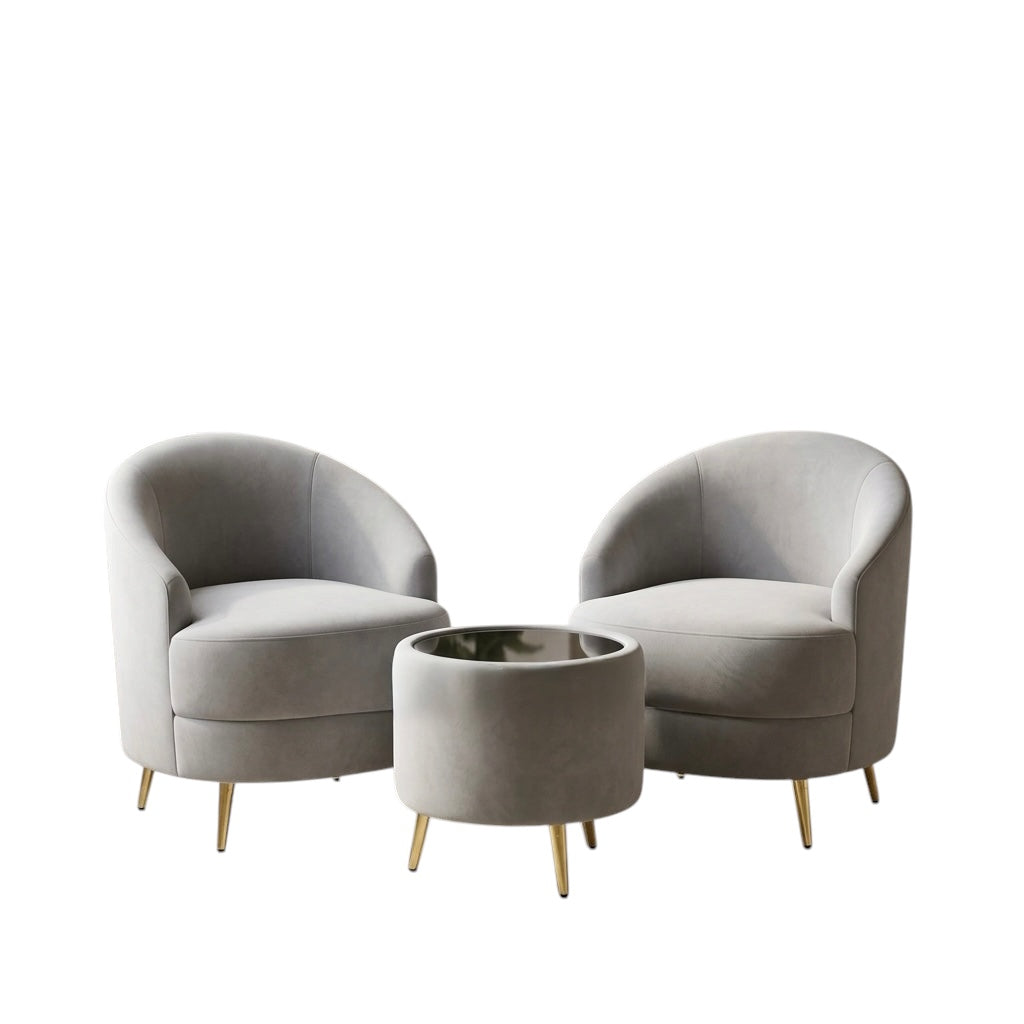 RIO MINIMAL 1+1 ARM CHAIR SET WITH TEAPOY | VELVET FABRIC & ACACIA WOOD | GREY