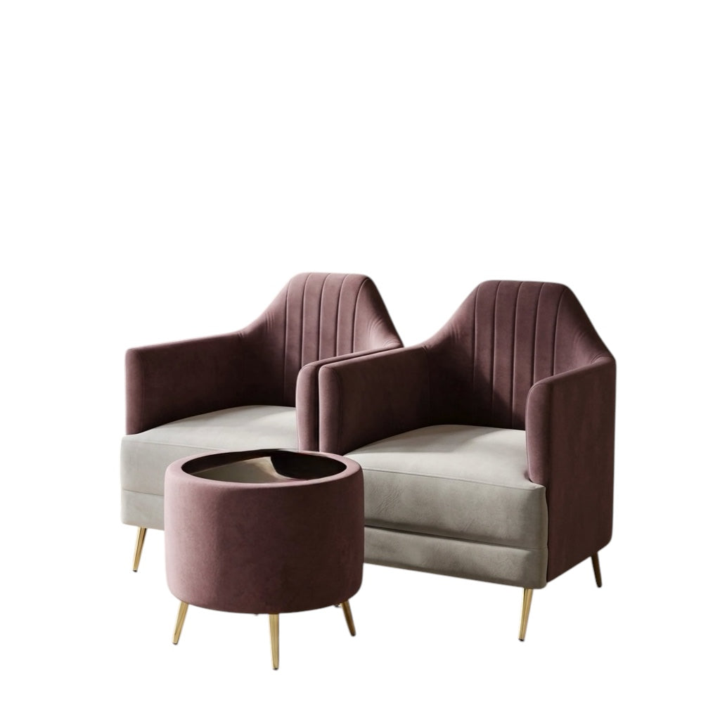 Blush 1+1 Arm Chair Set with Teapoy | Velvet Fabric & Acacia Wood | Blush