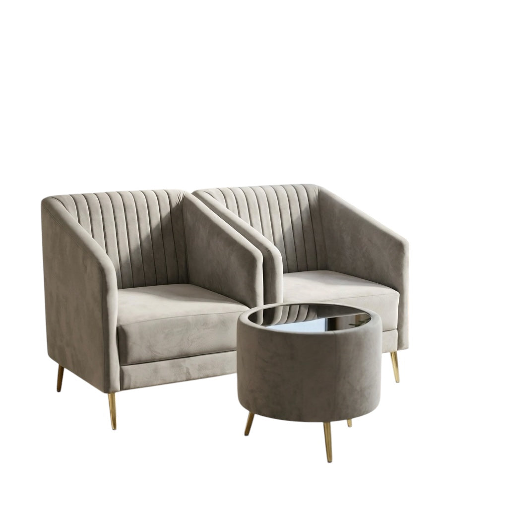 Platinum 1+1 Arm Chair Set with Teapoy | Velvet Fabric & Acacia Wood | Platinum