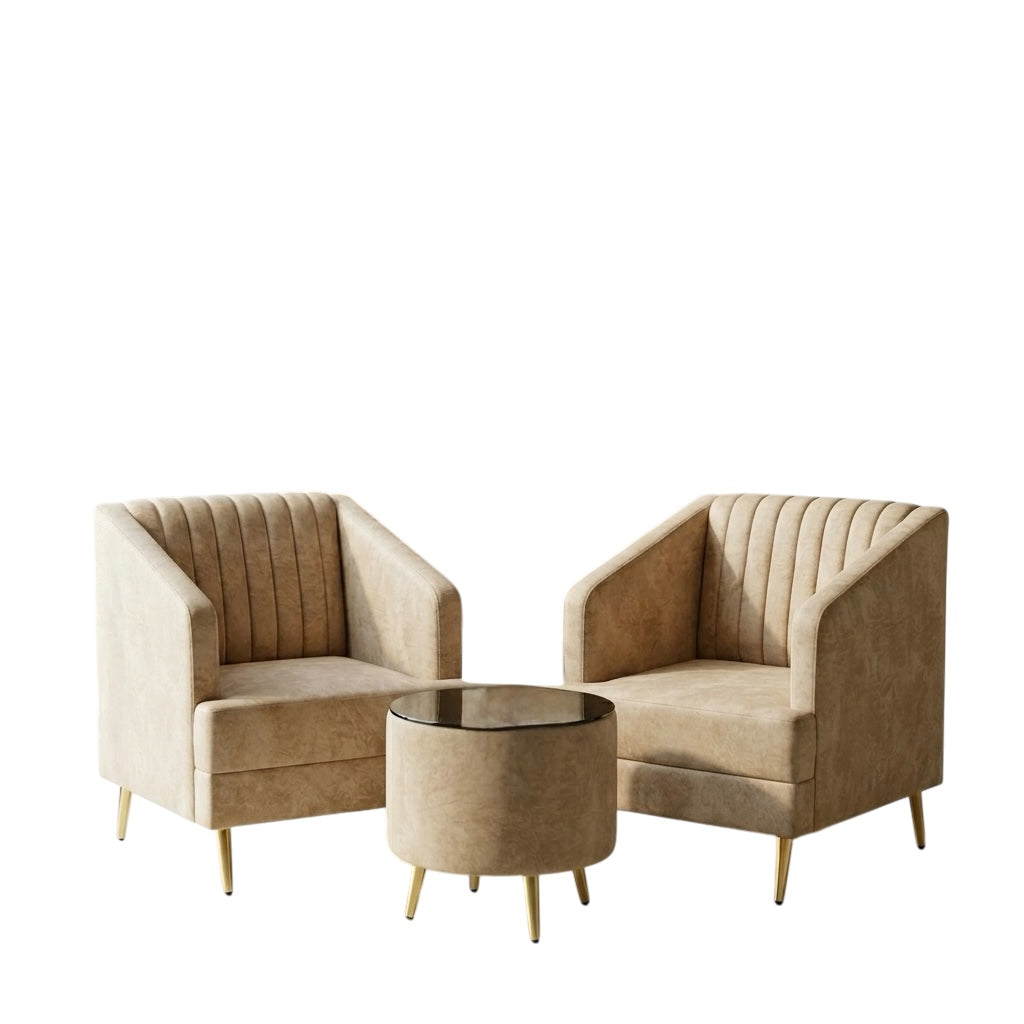 MINIMAL ARM CHAIR SET | 1+1 WITH TEAPOY | ACACIA WOOD & SUEDE FABRIC