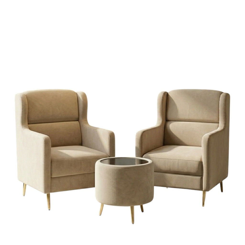 ROYAL PLUS ARM CHAIR SET | 1+1 WITH TEAPOY | ACACIA WOOD & FABRIC | CREAM