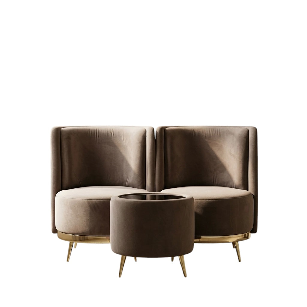 MOCHA 1+1 WITH TEAPOY ARMCHAIR SET-BROWN COLOUR | ACACIA WOOD AND VELVET FRAME