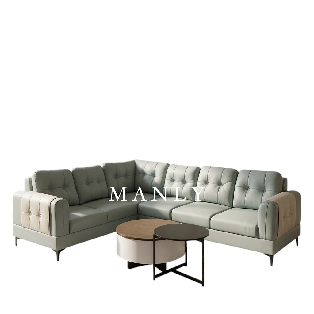 DUAL COLOUR CORNER SOFA SET | SUEDE FABRIC & ACACIA WOOD | LIGHT BLUE
