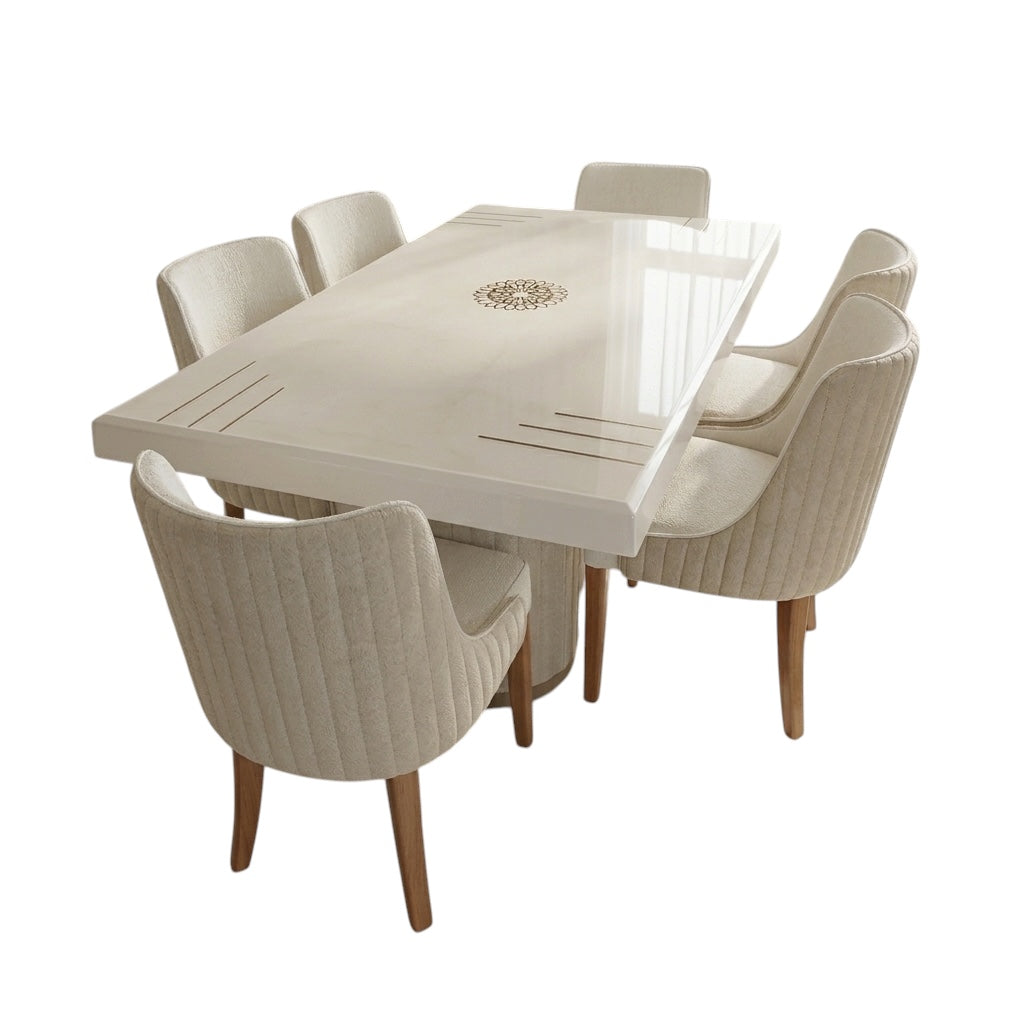 TAKRA 6 SETER 6X3.5 ONYX DINING SET  | ONYX AND CUSSION LEGS-WHITE COLOUR