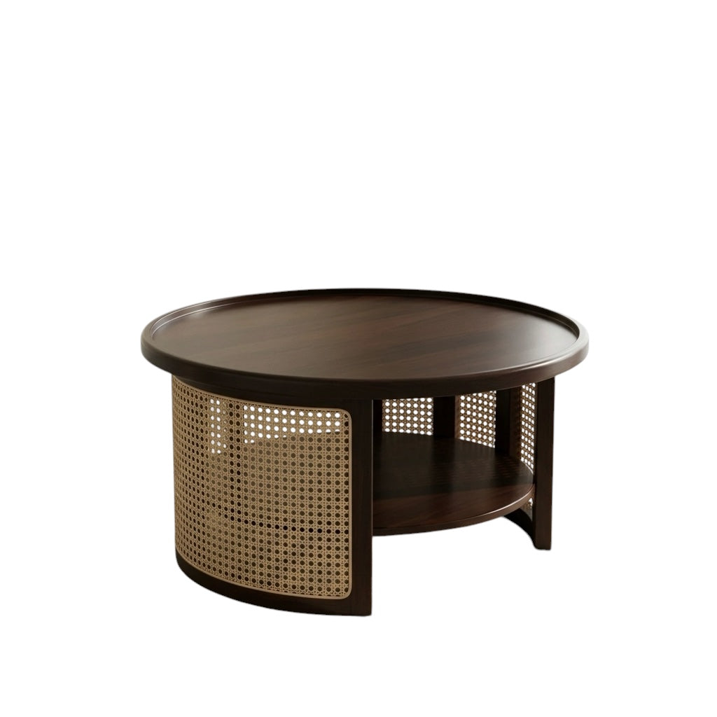 CANE ROUNDED TEAPOY | MAHOGANY WOOD & NATURAL CANE FINISH