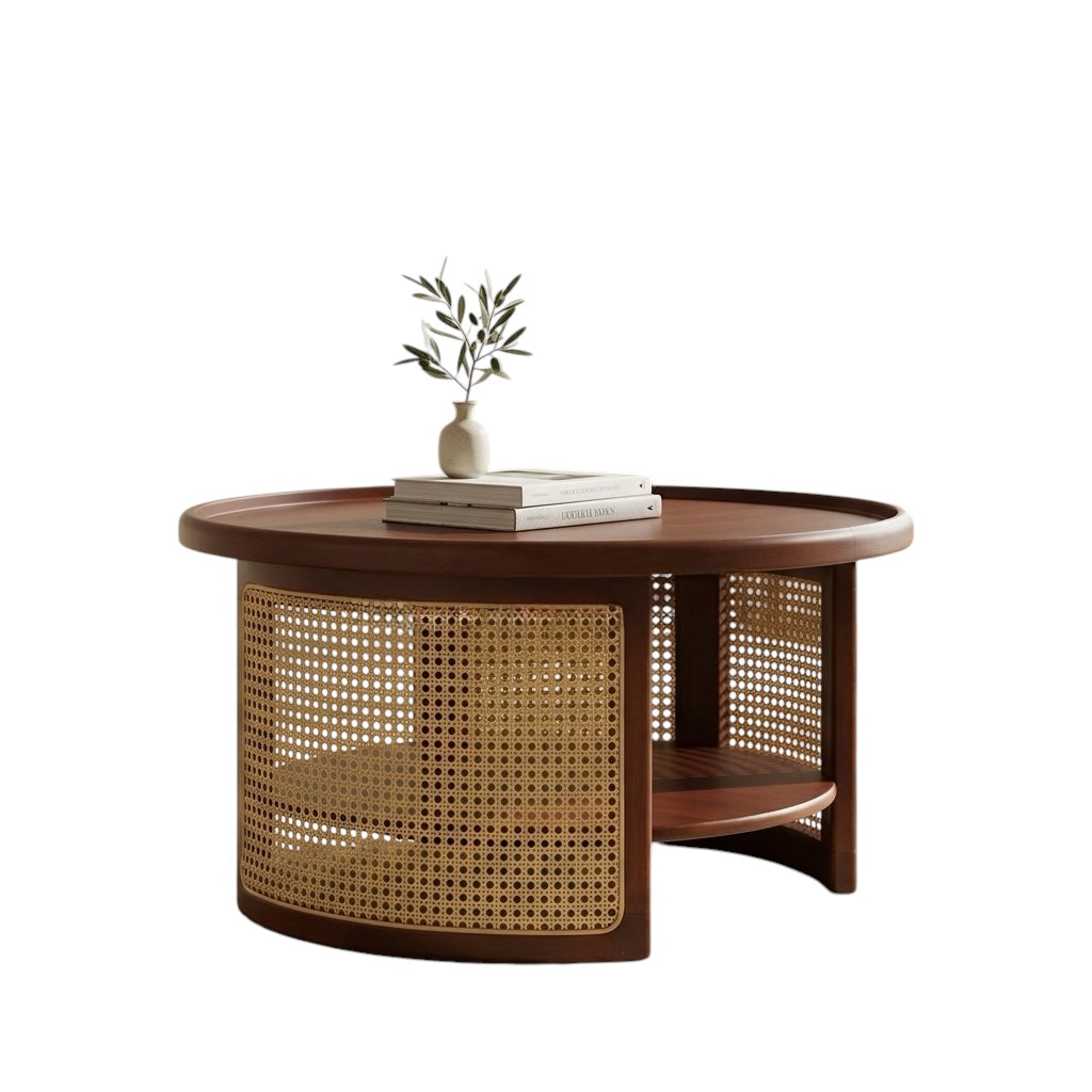 CANE ROUNDED TEAPOY | MAHOGANY WOOD & NATURAL CANE FINISH