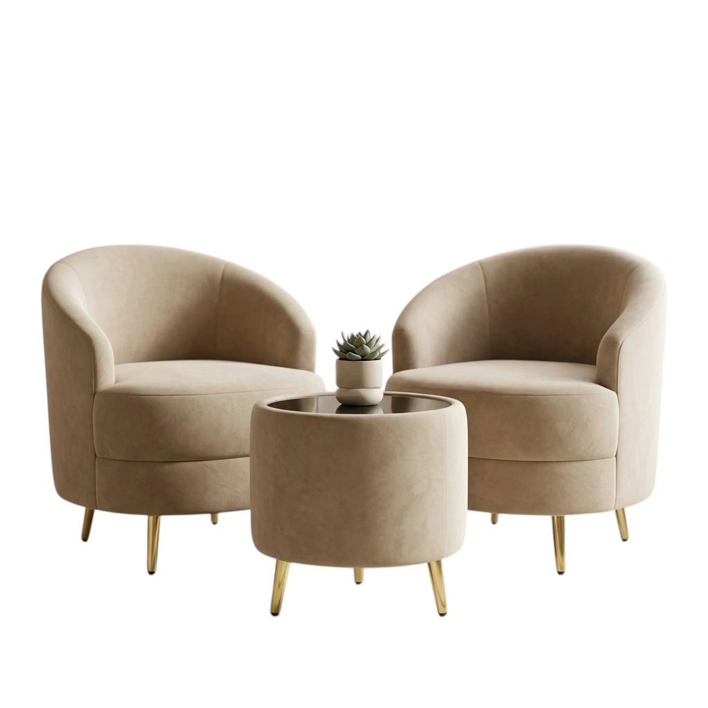 RIO  1+1 WITH TEAPOY  ARM CHAIR  | Velvet Fabric & Acacia Wood Frame | Premium Accent Seating