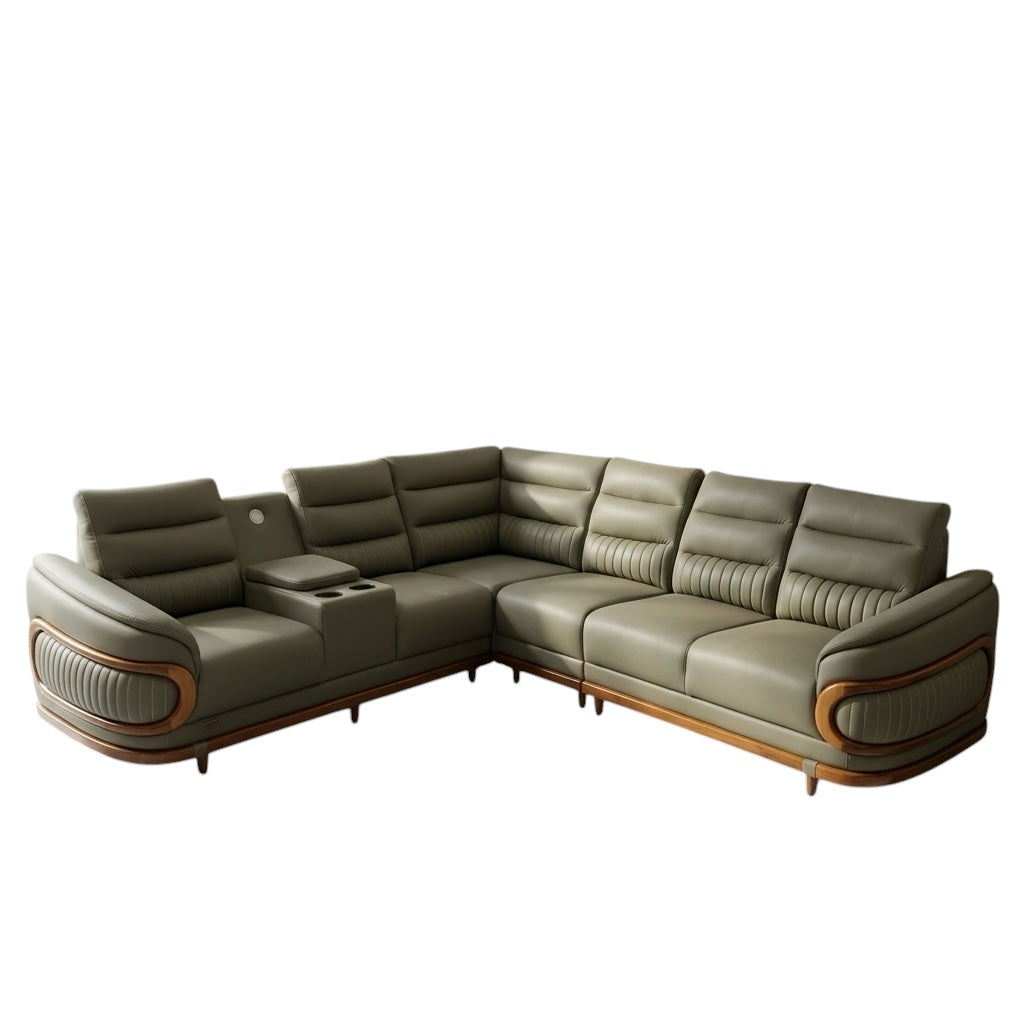 NOVA PREMIUM CORNER SOFA SET | MAHOGANY WOOD | SUEDE FABRIC | POCKET SPRING | GREEN