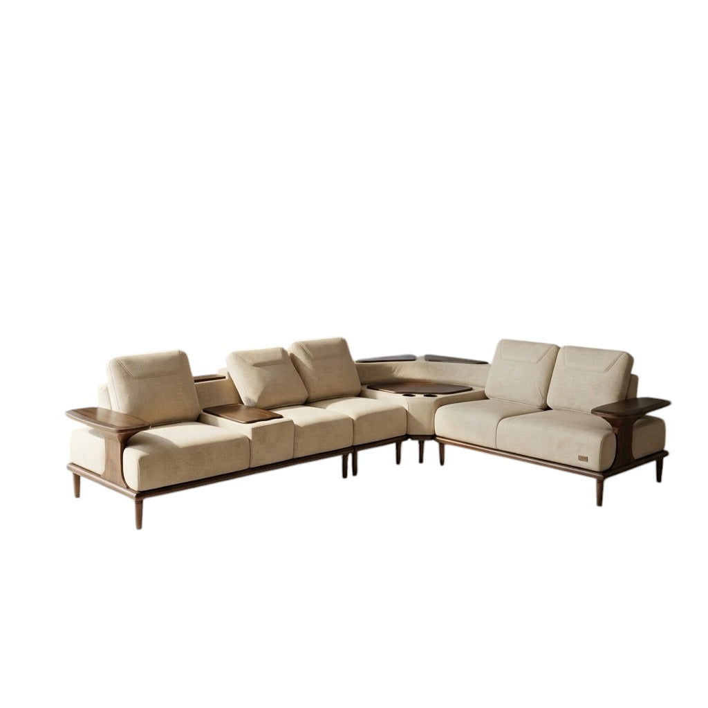 OSLO PREMIUM CORNER SOFA SET | MAHOGANY WOOD | SUEDE FABRIC | POCKET SPRING | CREAM