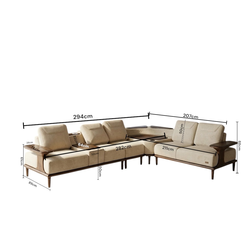 OSLO PREMIUM CORNER SOFA SET | MAHOGANY WOOD | SUEDE FABRIC | POCKET SPRING | CREAM