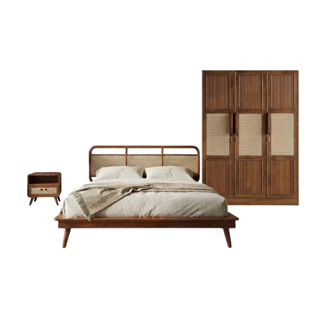 TREATO 3-DOOR QUEEN SIZE BEDROOM SET | MAHOGANY WOOD & NATURAL CANE