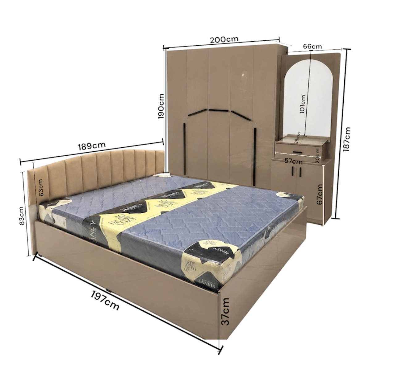 NINEX PREMIUM 5 DOOR QUEEN SIZE BEDROOMSET | CREAM COLOUR-UV BOARD