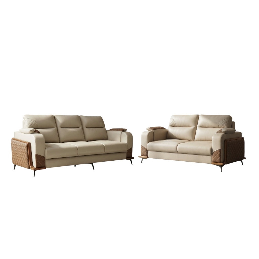 WINSLOW 3+2 SOFA SET | MAHOGANY WOOD & SUEDE FABRIC | BEIGE