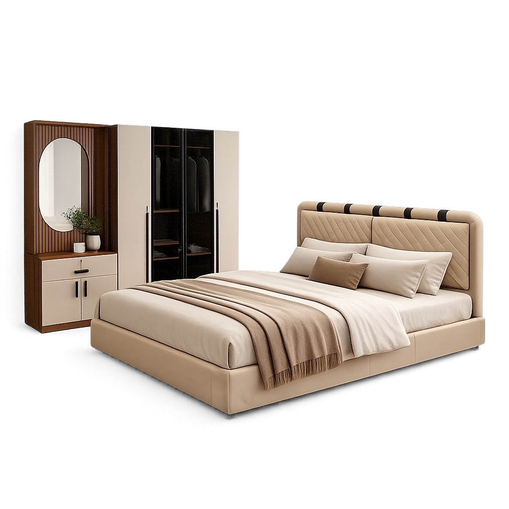 OMEGA 4-DOOR QUEEN SIZE BEDROOM SET | PARTICLE BOARD & UV BOARD DOORS | LIGHT CREAM