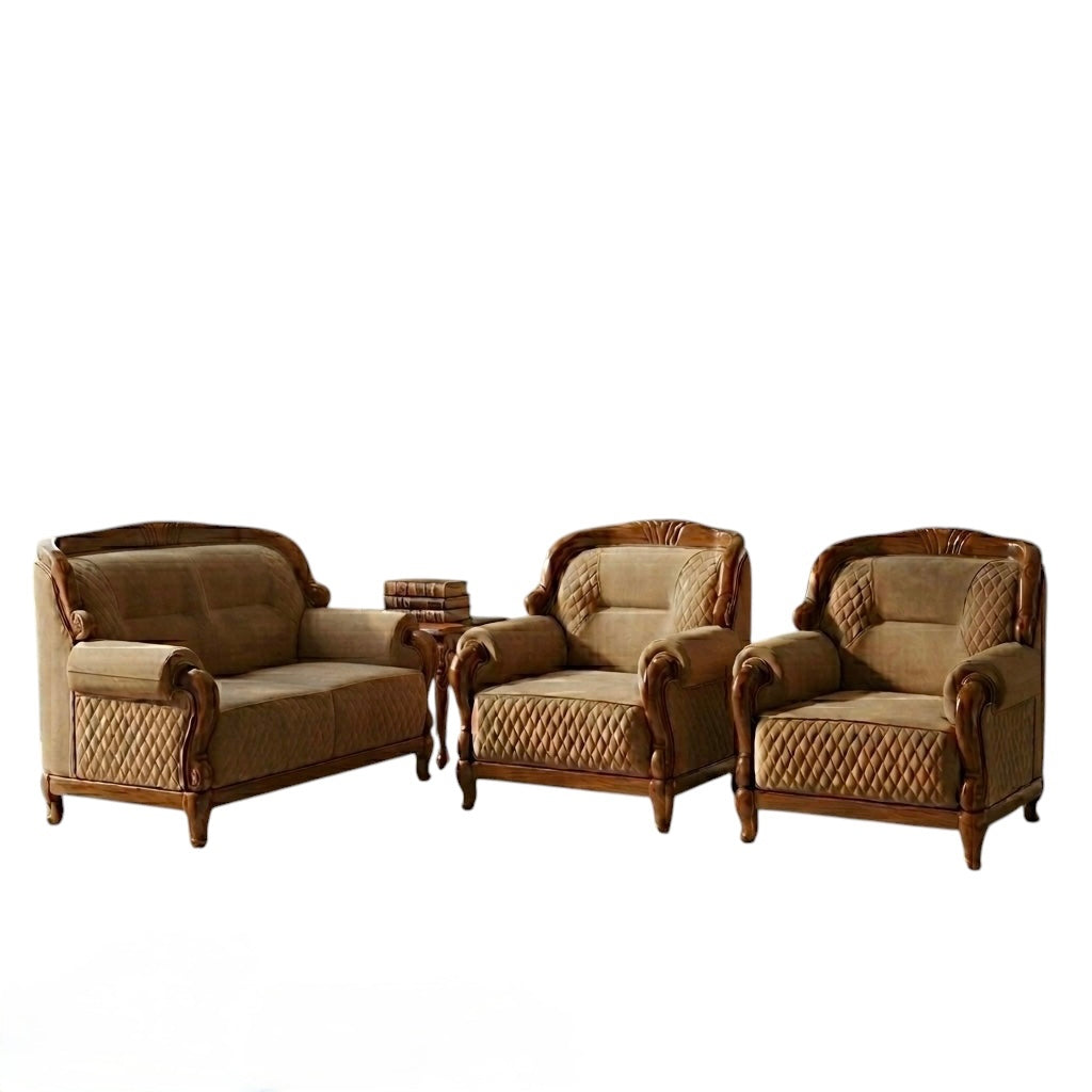 CARVYON 3+1+1 SOFA SET | SUEDE FABRIC & MAHOGANY FRAME | POCKET SPRING | DARK BEIGE