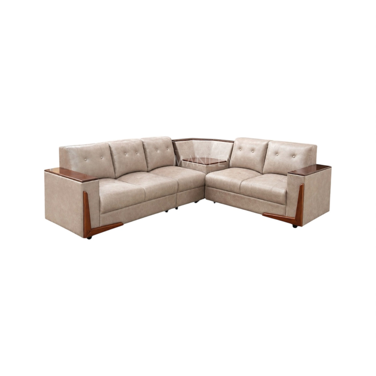 FLEX CORNER SOFA SET | MAHOGANY WOOD & SUEDE FABRIC UPHOLSTERY | BEIGE