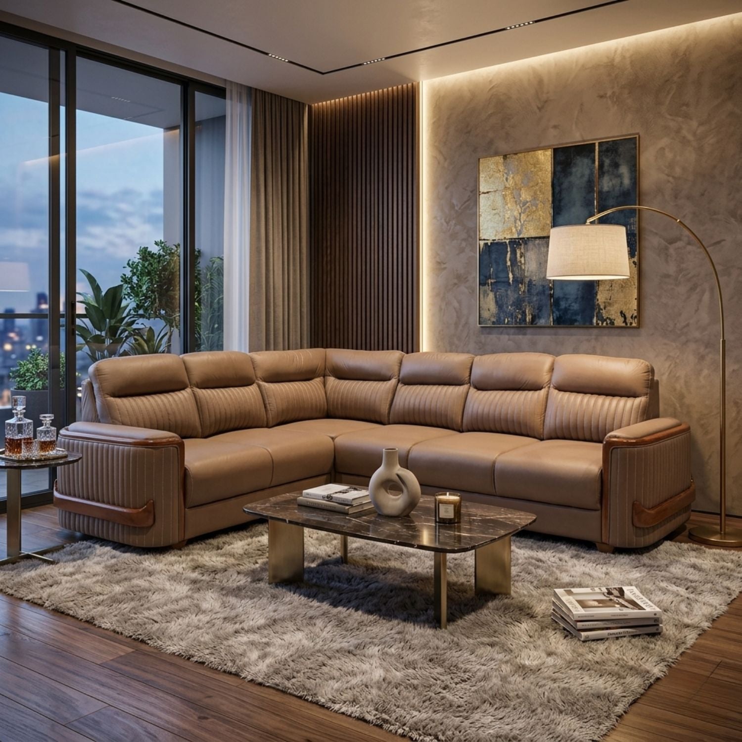 Modern living room with a brown sectional sofa, coffee table, and abstract painting.