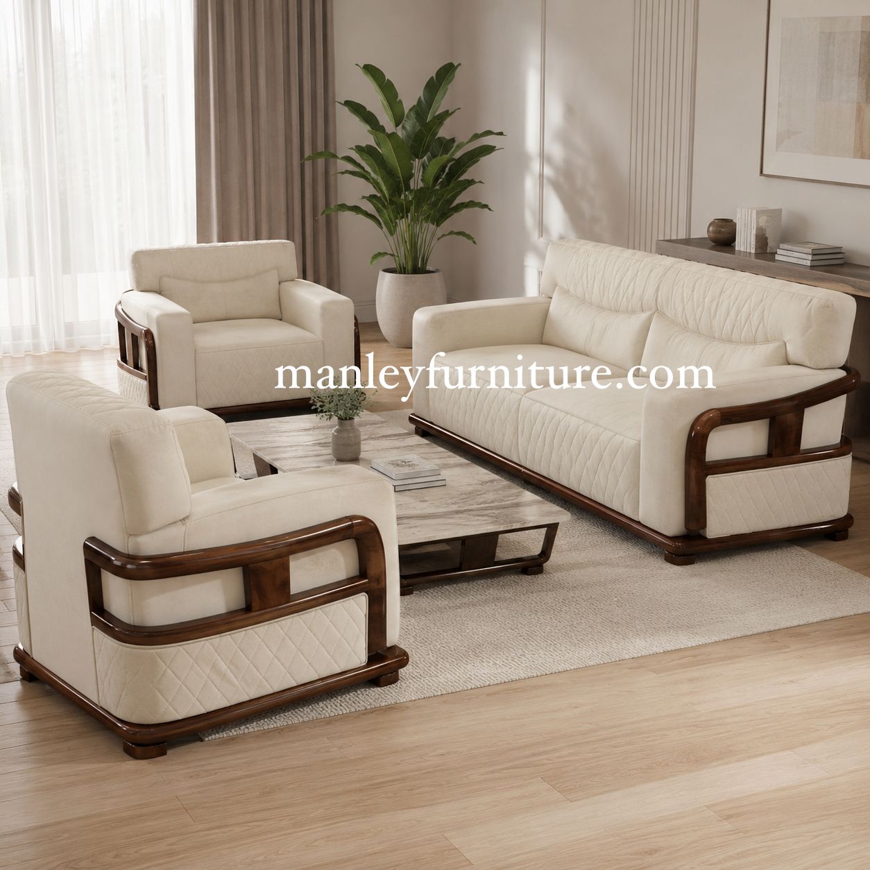 Royalist Sofaset – Solid Wood + Fabric Off White