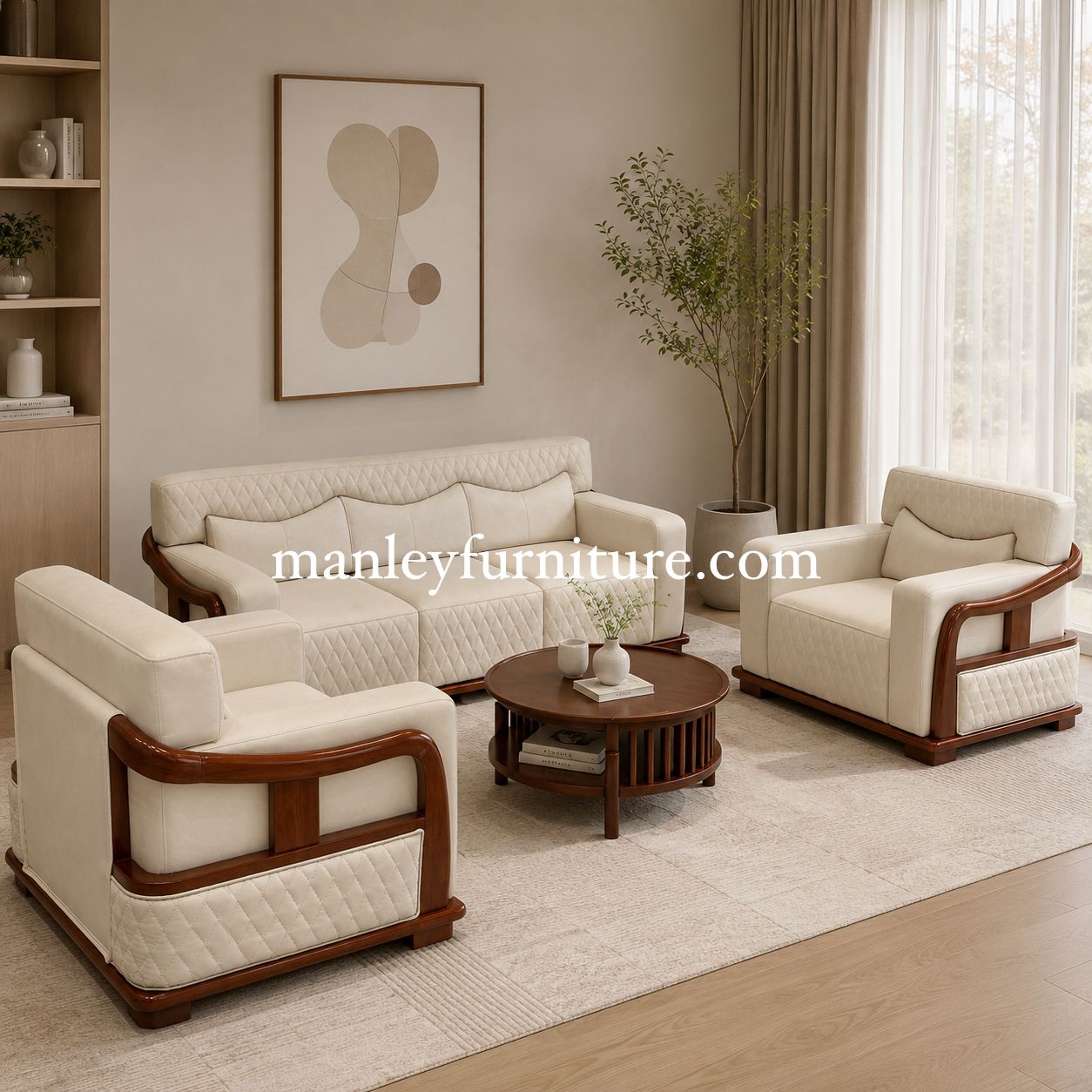 Royalist Sofaset – Solid Wood + Fabric Off White