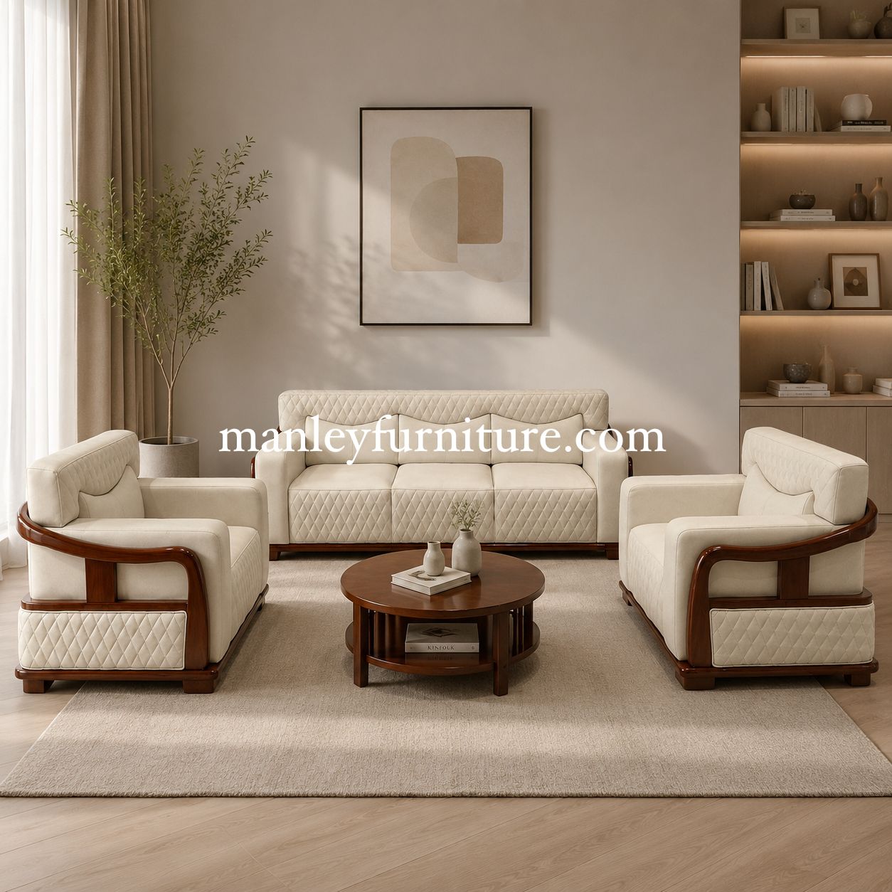 Royalist Sofaset – Solid Wood + Fabric Off White