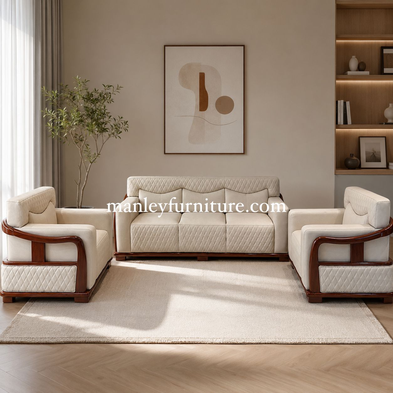 Royalist Sofaset – Solid Wood + Fabric Off White