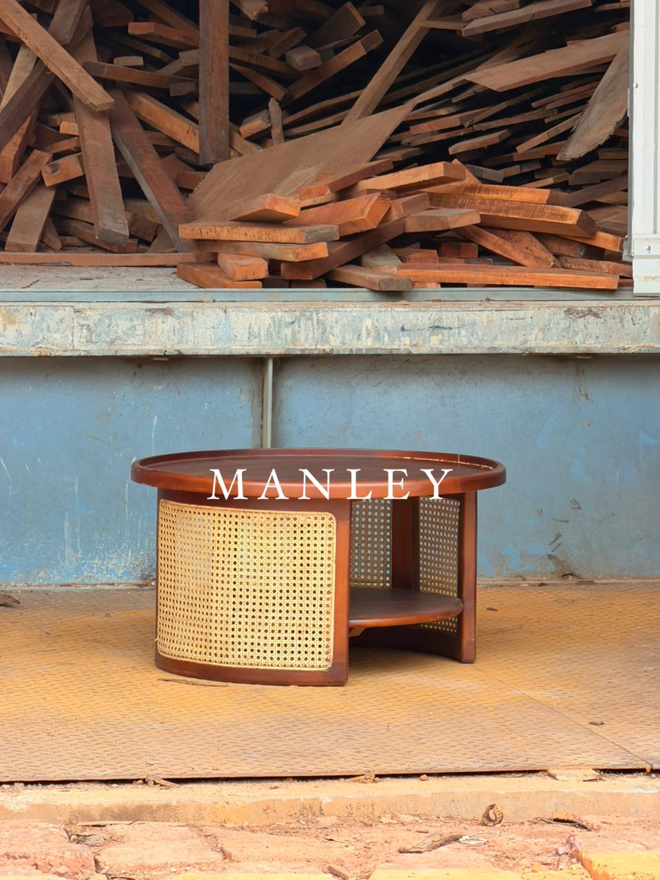 CANE ROUNDED TEAPOY | MAHOGANY WOOD & NATURAL CANE FINISH