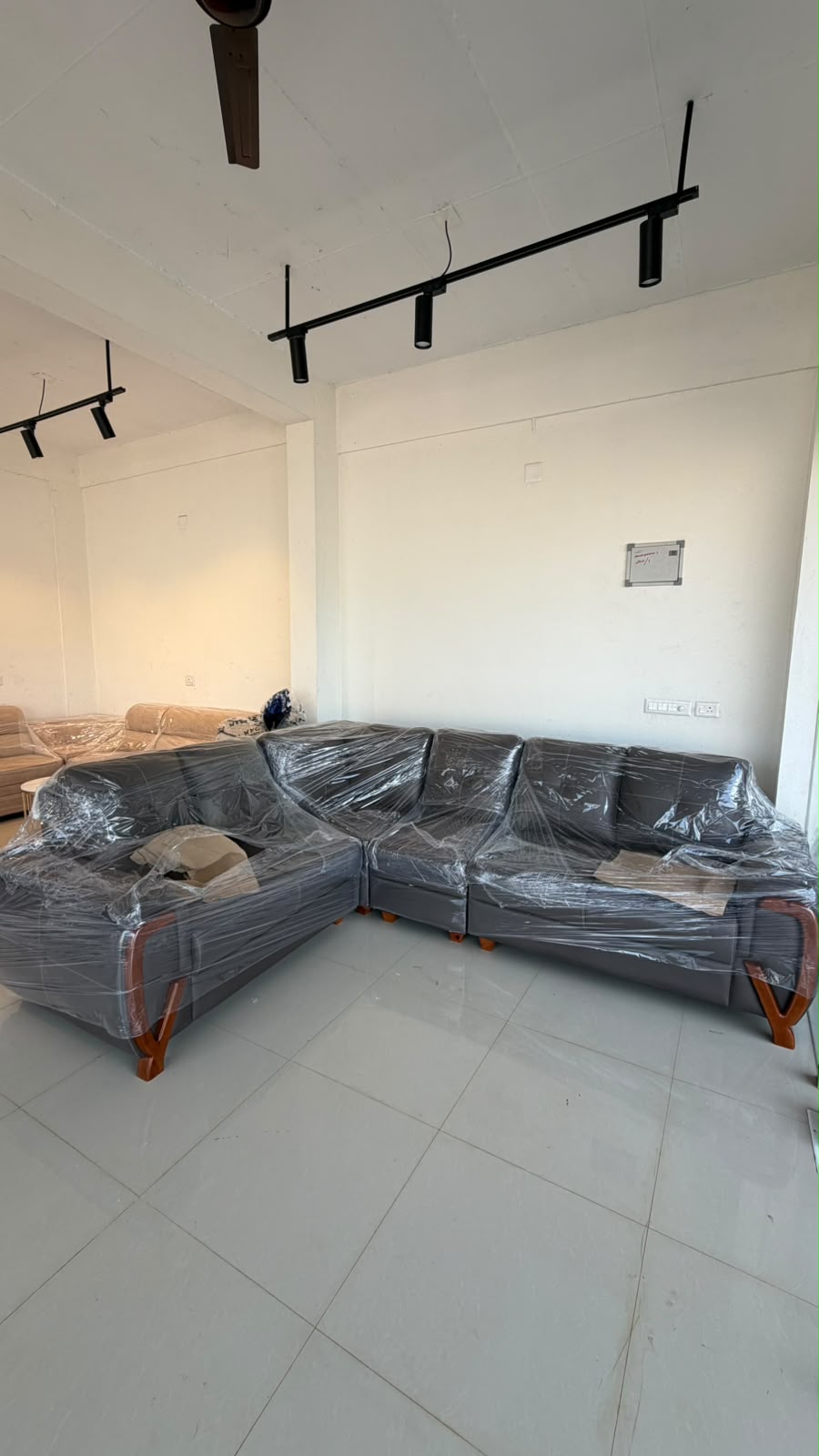 LANEAR CORNER SOFA SET | MAHOGANY WOOD & SUEDE FABRIC UPHOLSTERY