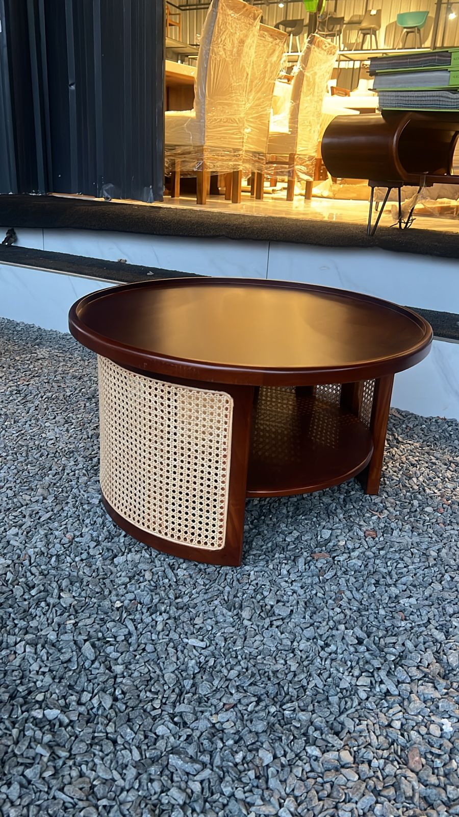 CANE ROUNDED TEAPOY | MAHOGANY WOOD & NATURAL CANE FINISH