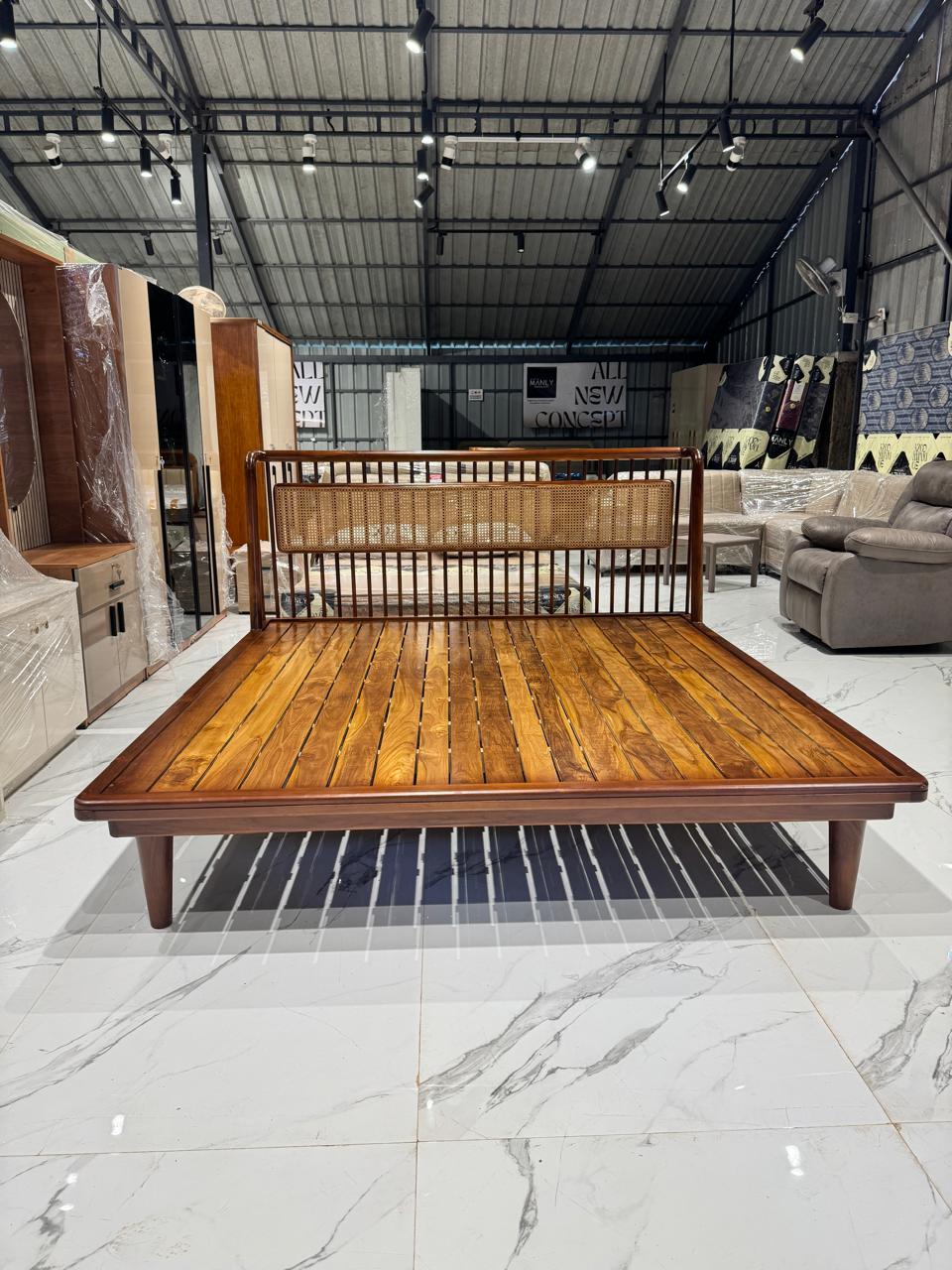 CANE COT | KING SIZE | SOLID TEAK & NATURAL CANE | WALNUT FINISH