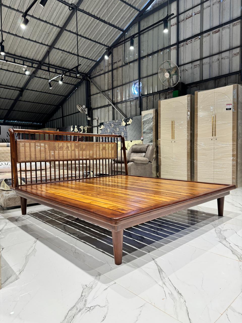 CANE COT | KING SIZE | SOLID TEAK & NATURAL CANE | WALNUT FINISH