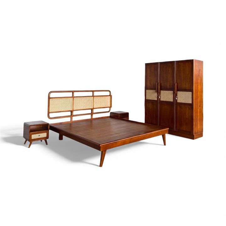 CANE BEDROOM SET WITH 1 SIDE BOX