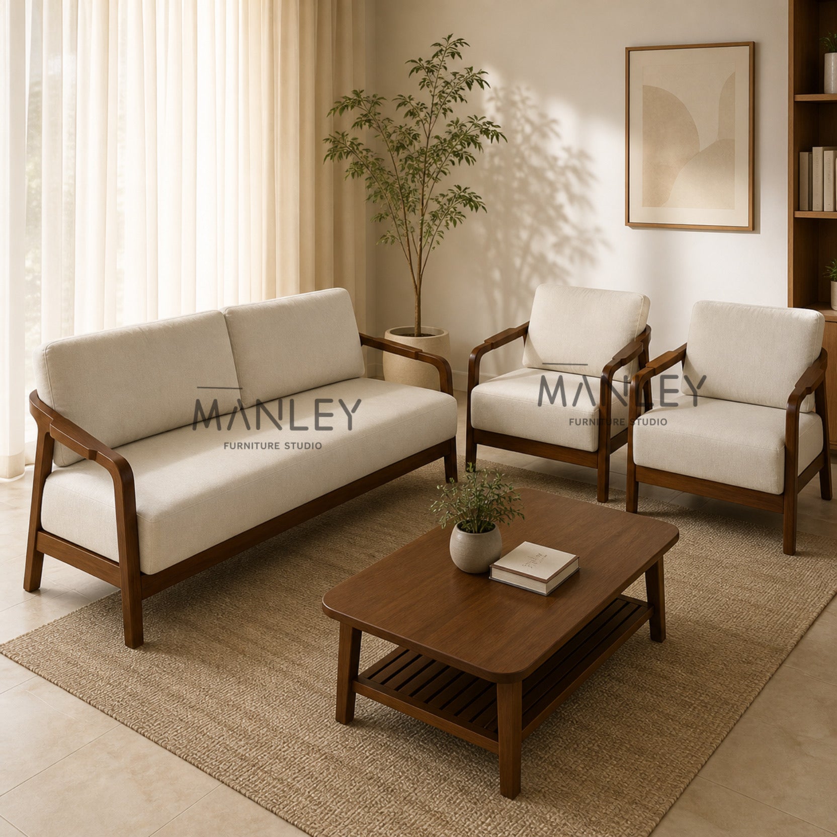 AERO 3+1+1 SOFASET OFF WHITE  -TREATED MAHAGONY WOOD AND FABRIC