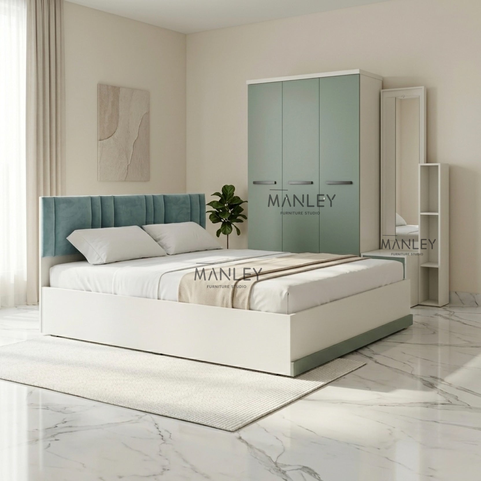 ZENITH 3-DOOR QUEEN SIZE BEDROOM SET | PARTICLE BOARD | OLIVE GREEN & WHITE
