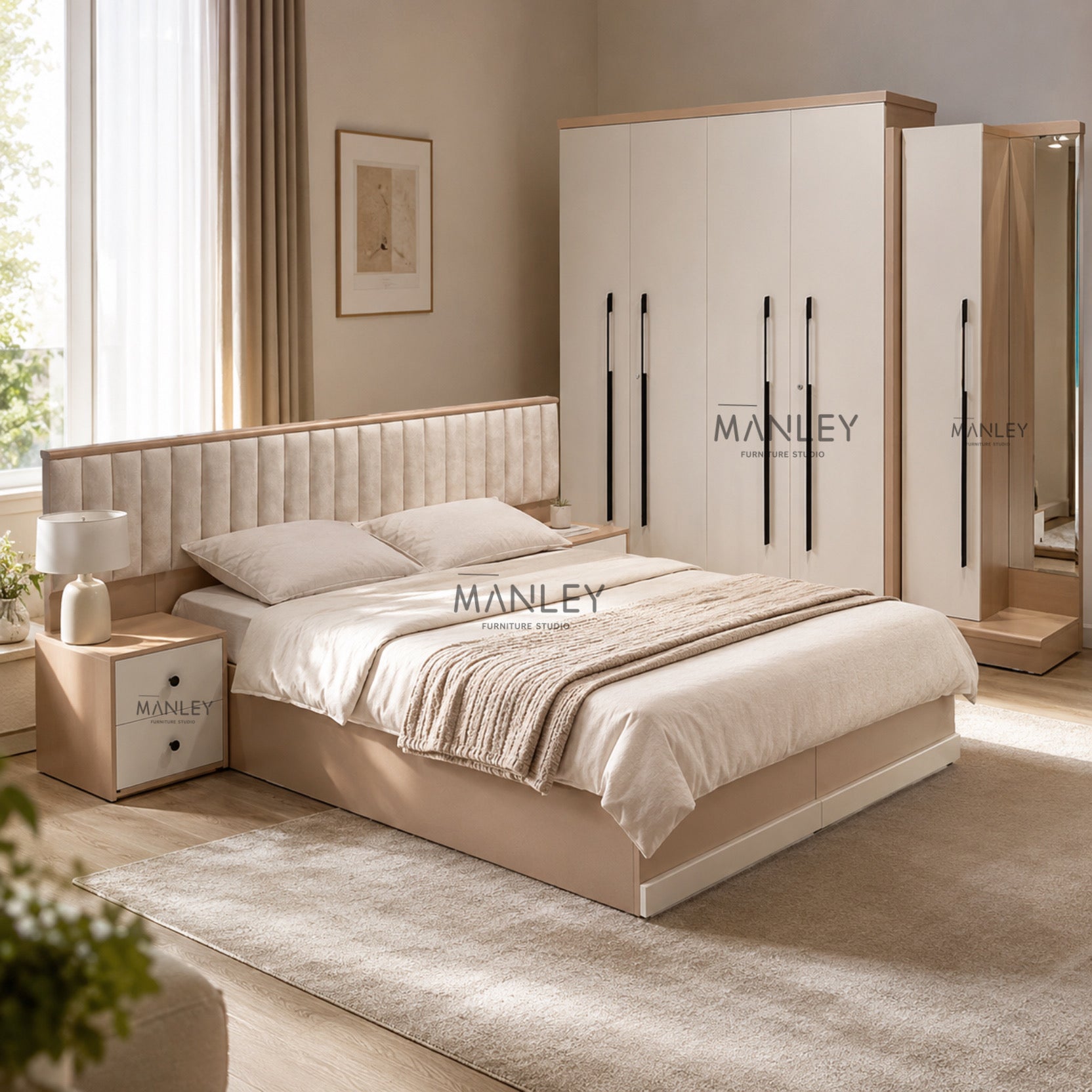 BRABUS 4 DOOR  QUEEN BEDROOM SET  | CREAM AND BEIGE COLOUR- PARTICLE BOARD