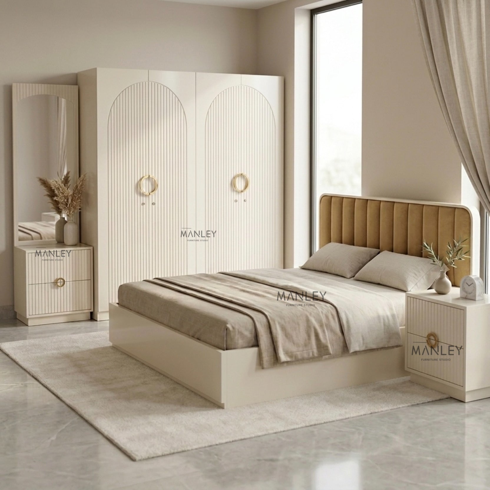 ARCH CURVE 4-DOOR KING SIZE BEDROOM SET | PREMIUM HDF BOARD | IVORY COLOUR