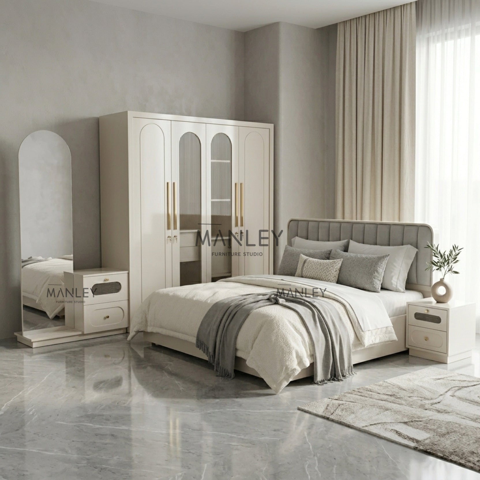 HIYORA PREMIUM 4-DOOR QUEEN SIZE BEDROOM SET | HDF | IVORY