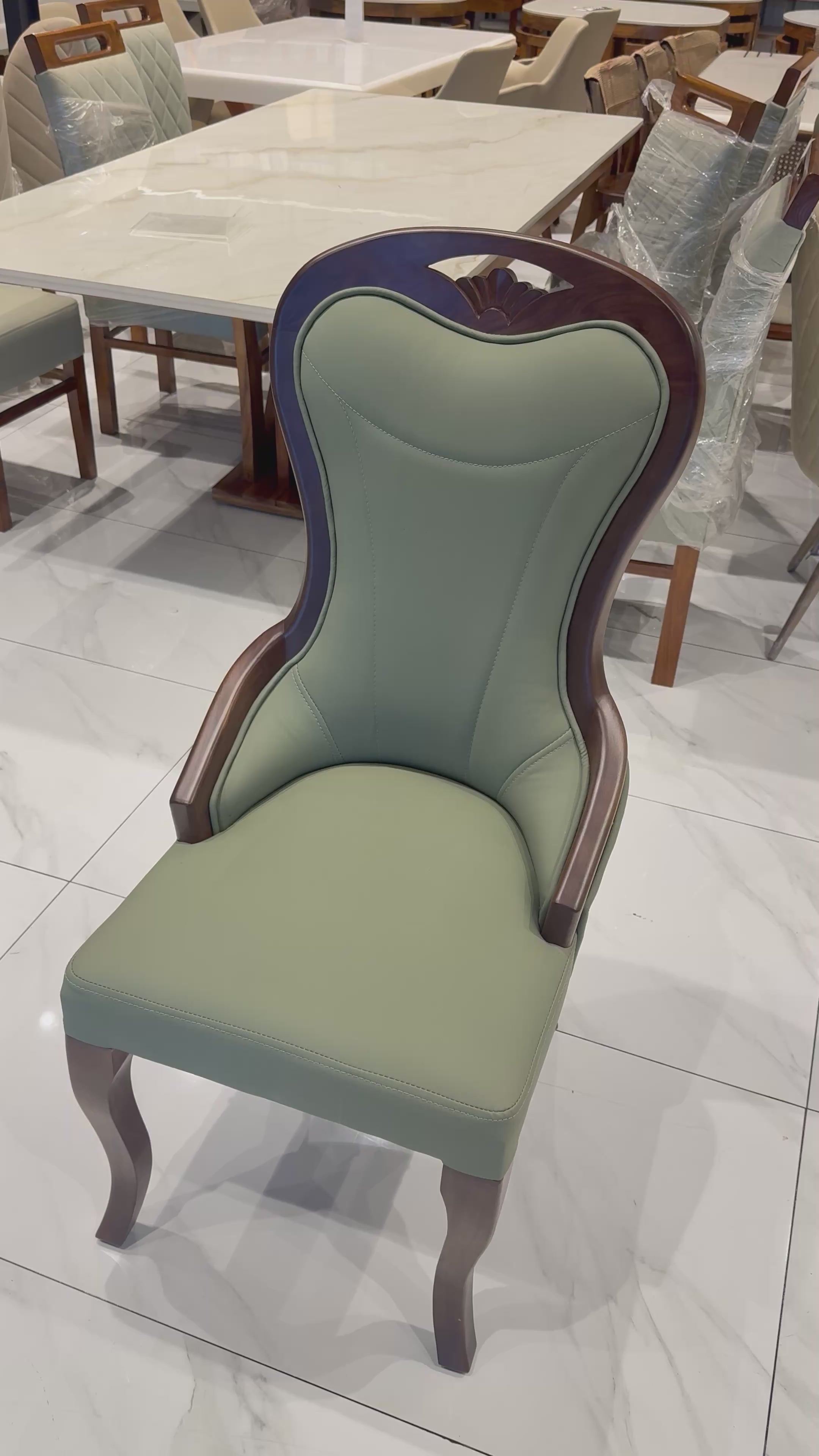 MILAN PREMIUM CHAIR | MAHOGANY WOOD & REXIN UPHOLSTERY | LIGHT GREEN