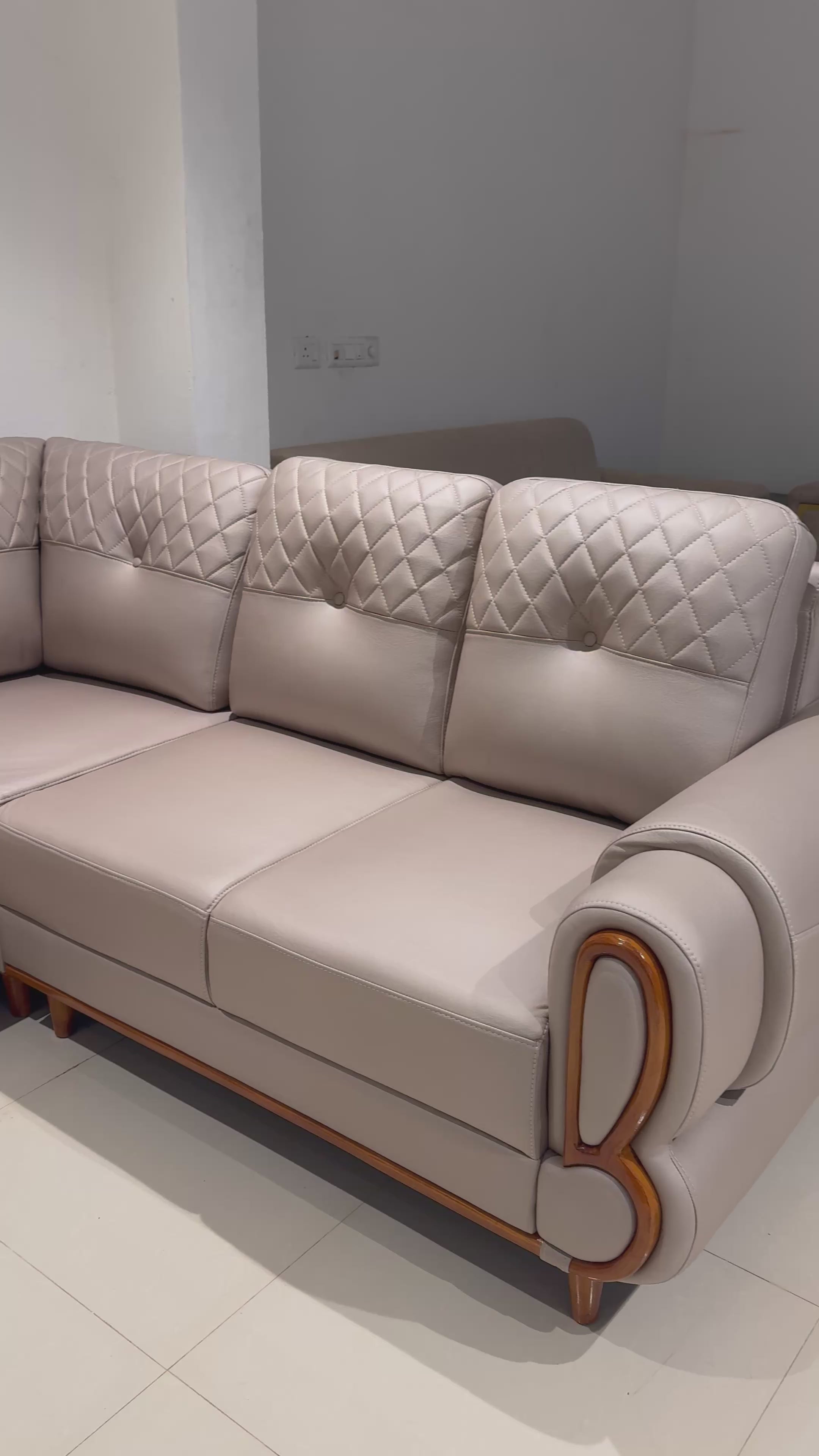 JASPER CORNER SOFA SET | MAHOGANY WOOD & FABRIC UPHOLSTERY | BEIGE