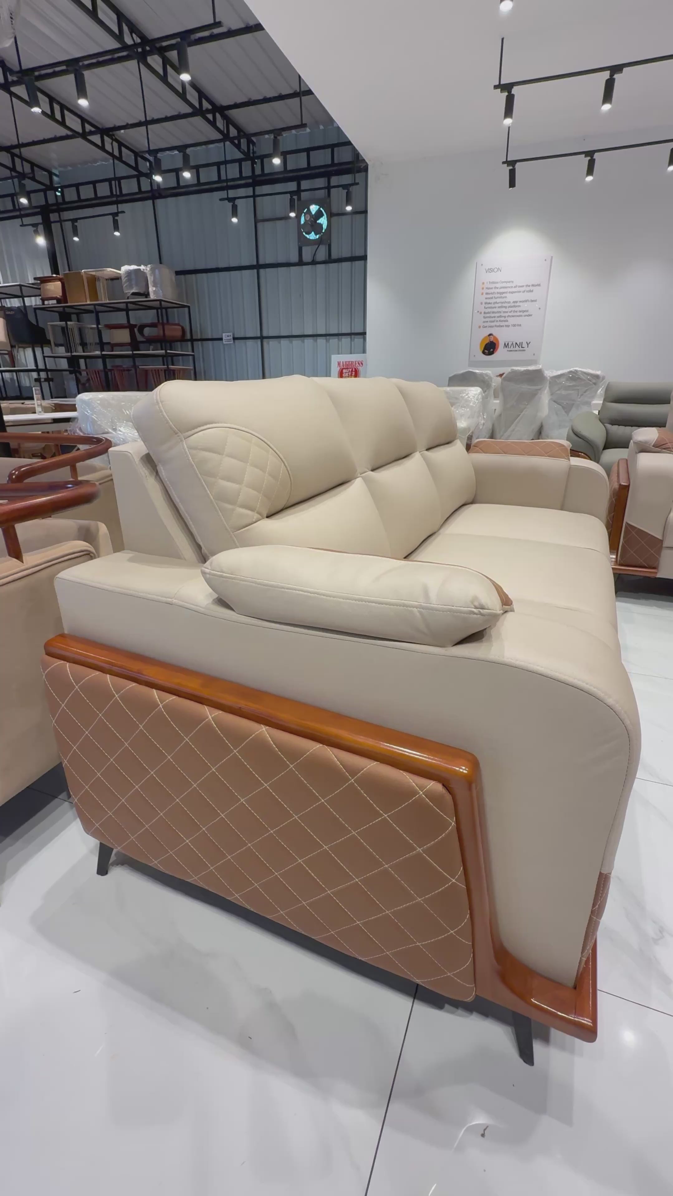 WINSLOW 3+2 SOFA SET | MAHOGANY WOOD & SUEDE FABRIC | BEIGE