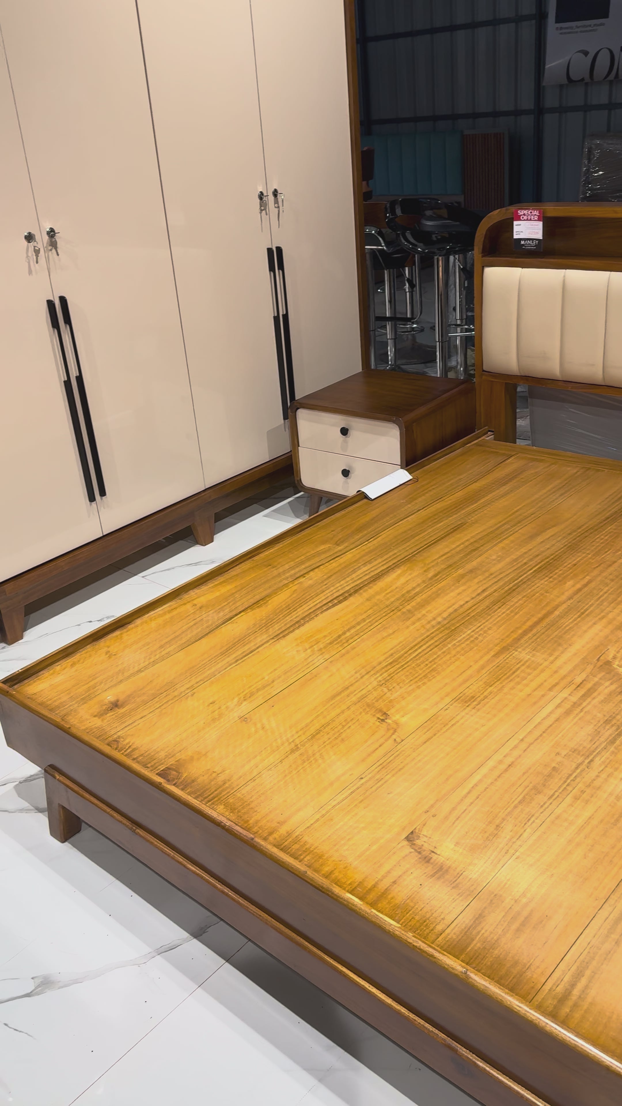 WOOD COT - QUEEN  SIZE FOREST ACACIA WITH CUSSION HEADBOARD