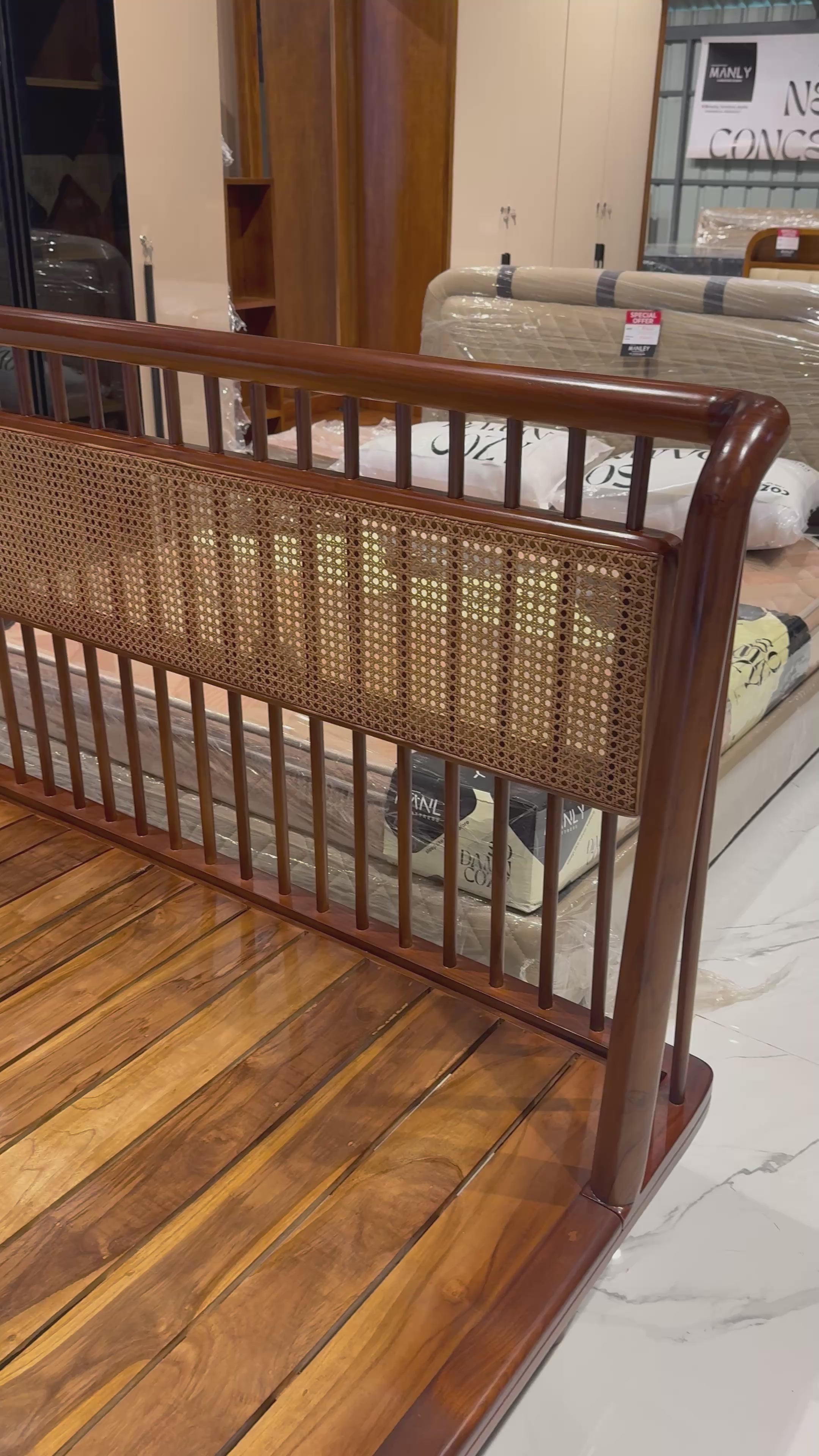 CANE COT | KING SIZE | SOLID TEAK & NATURAL CANE | WALNUT FINISH