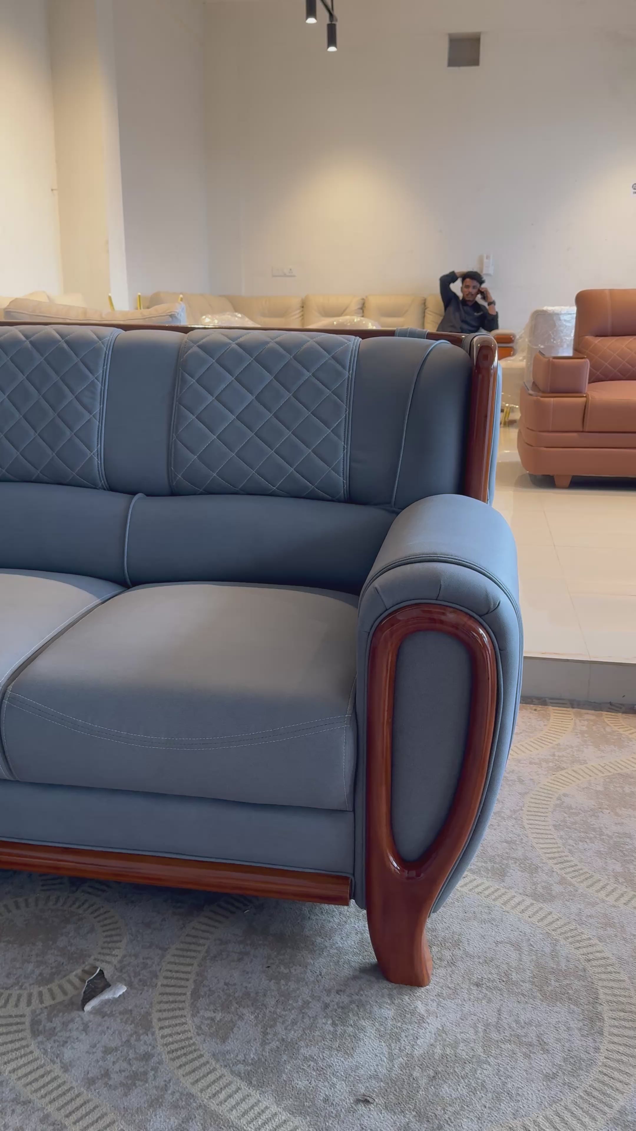 SERENITY CORNER SOFA SET | MAHOGANY WOOD & SUEDE FABRIC UPHOLSTERY | GREY