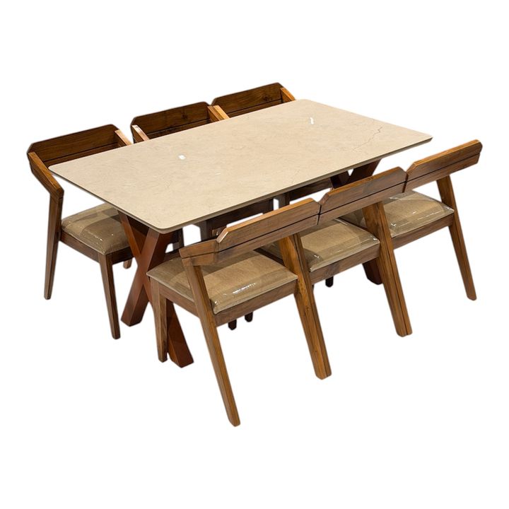 X 5x3 dining set with 6 chairs table in treated mahagony chair in acacia